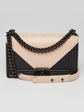 Chanel Bi-Color Beige/Black Leather Medium Boy Bag